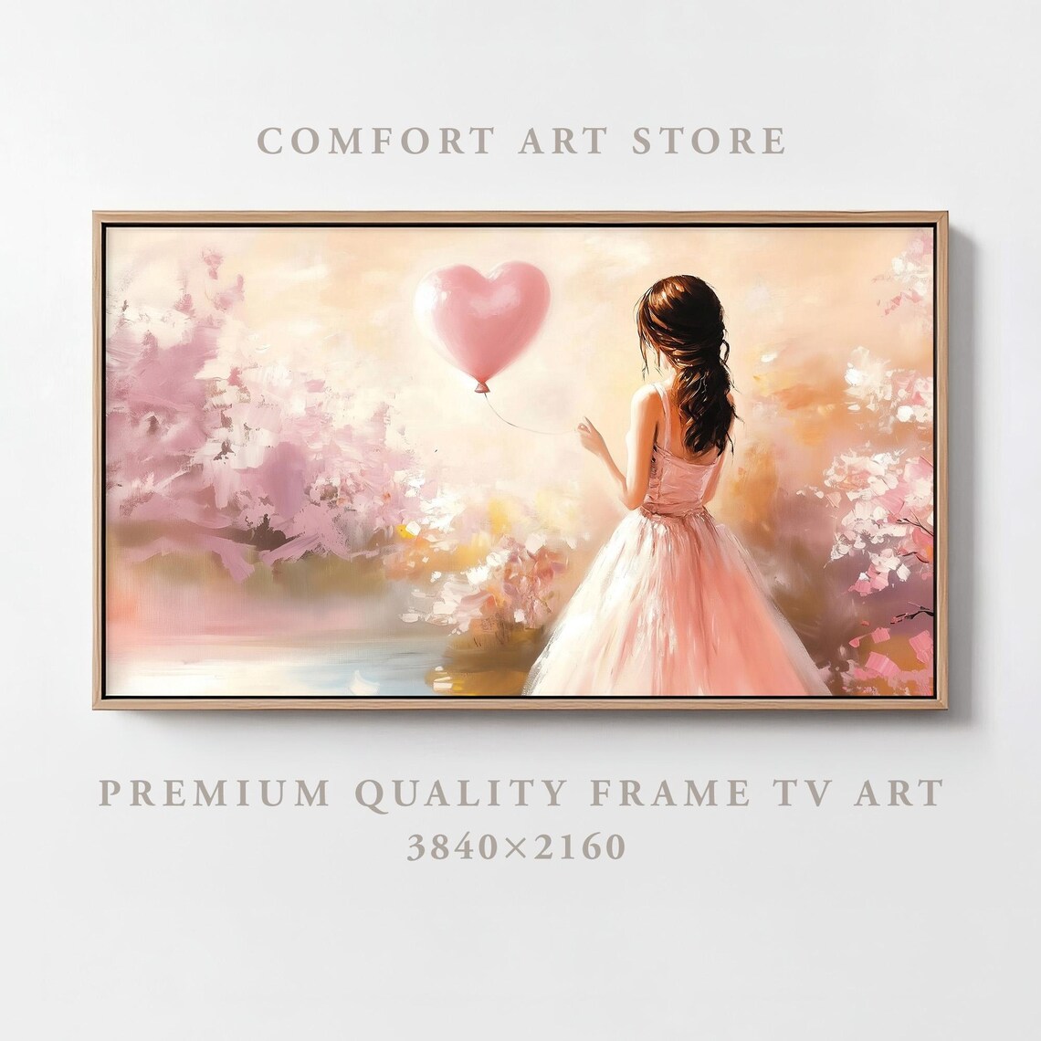 Woman With Heart Balloon Cherry Blossom Frame TV Art Romantic Poster - Image 5