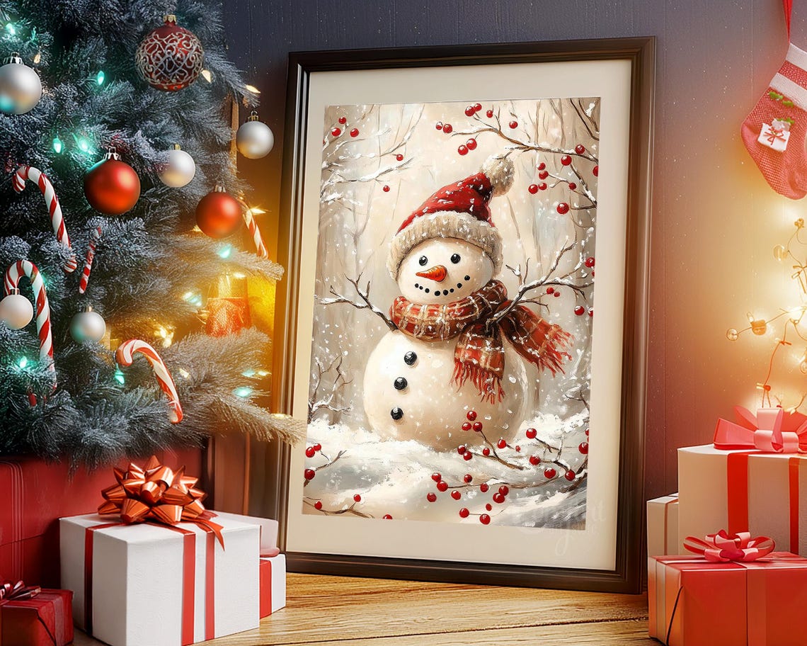 Snowman in Red Knit Hat with Plaid Scarf Winter Watercolor Wall Art - Image 5
