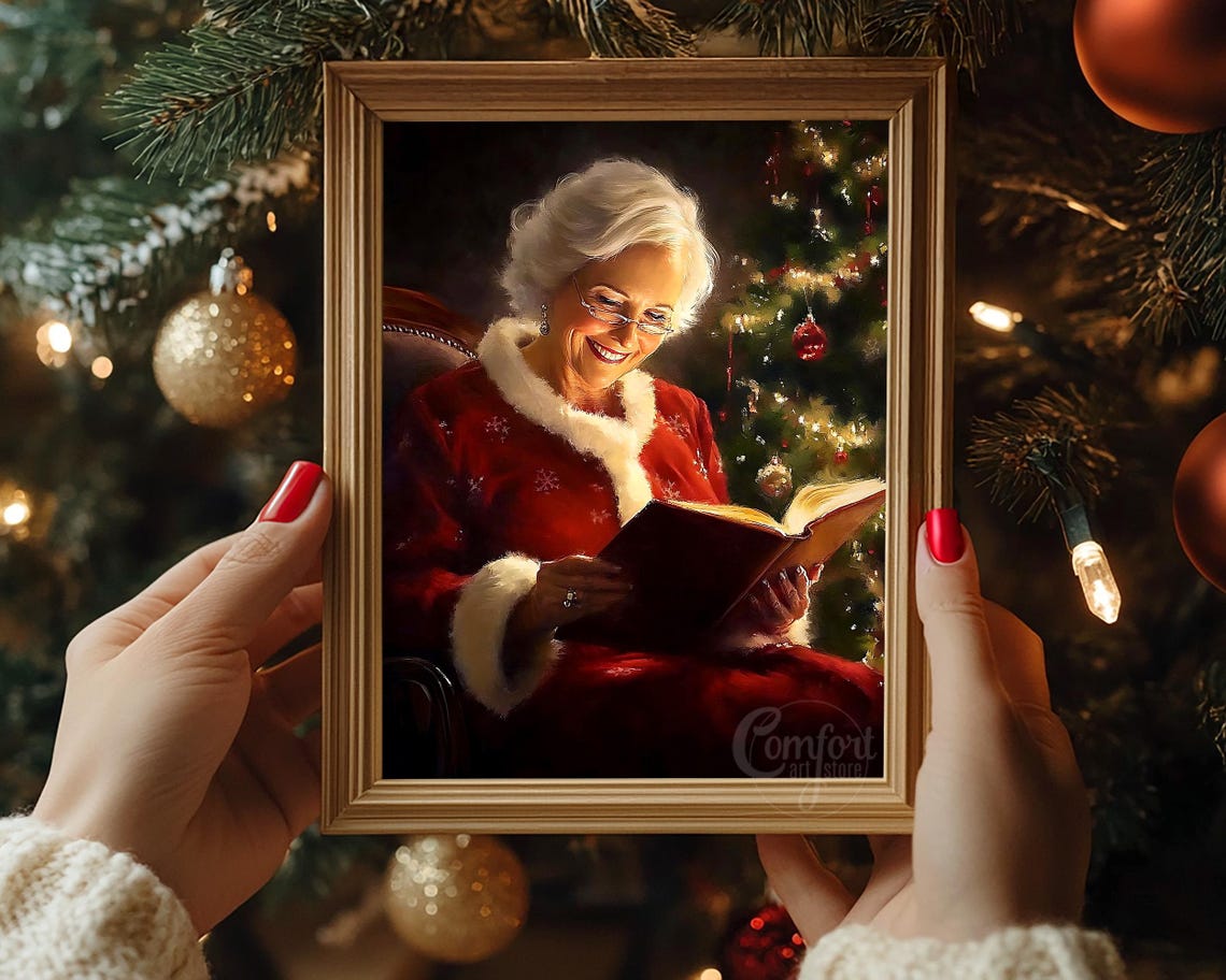 Mrs Claus Smiling Over Her Book by the Christmas Tree Wall Art - Image 5