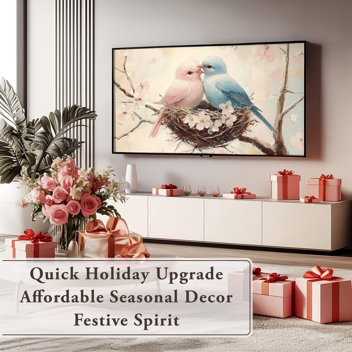 Pink Blue Lovebirds Nest Cherry Blossoms Romantic Birds Art Poster - Image 6