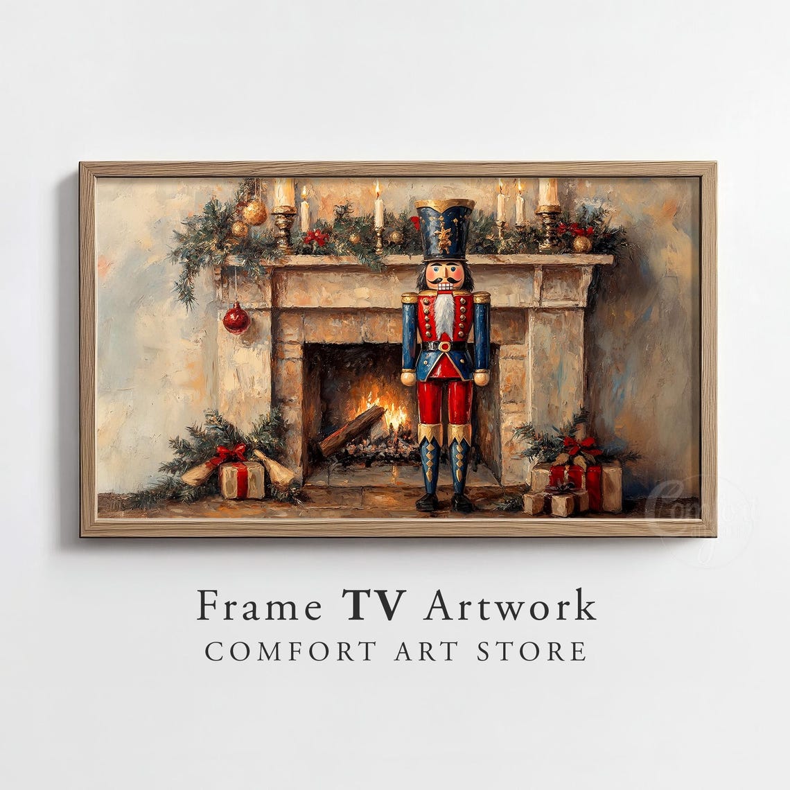 Nutcracker Soldier By A Candlelit Christmas Fireplace Mantel Poster