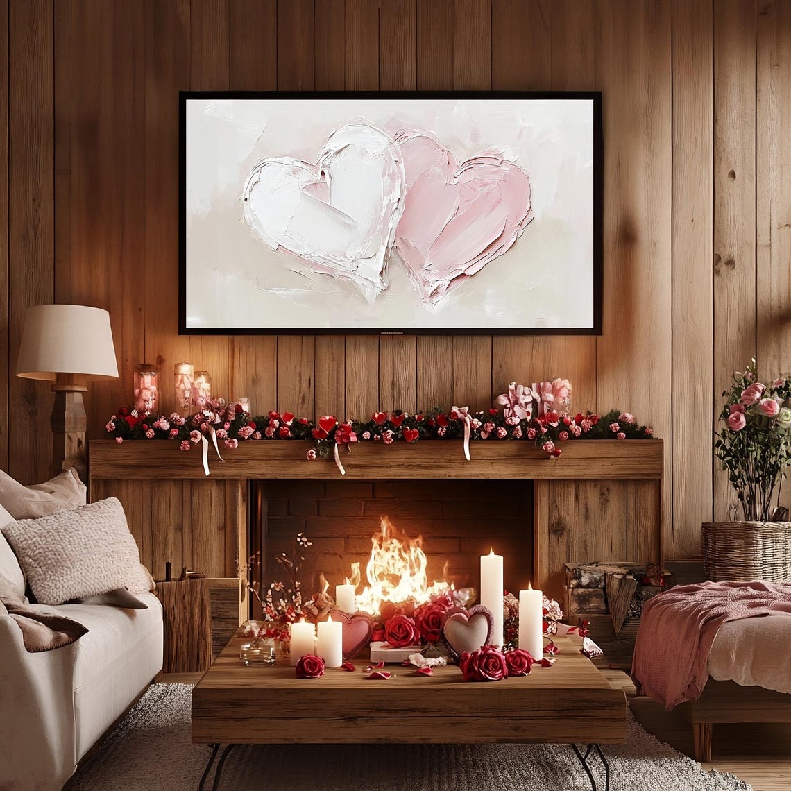 Valentine Pink White Impasto Hearts Oil Painting Romantic Wall Art - Image 2