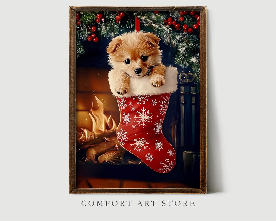 Adorable Puppy Peeking from Christmas Stocking by Fireplace Poster - Image 2