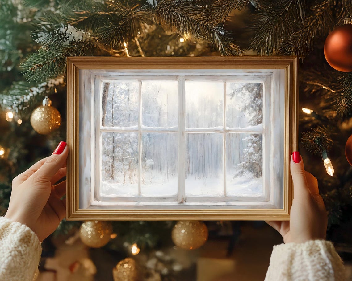 Antique Style Winter Window With Snowy Woodland View Vintage Print - Image 4