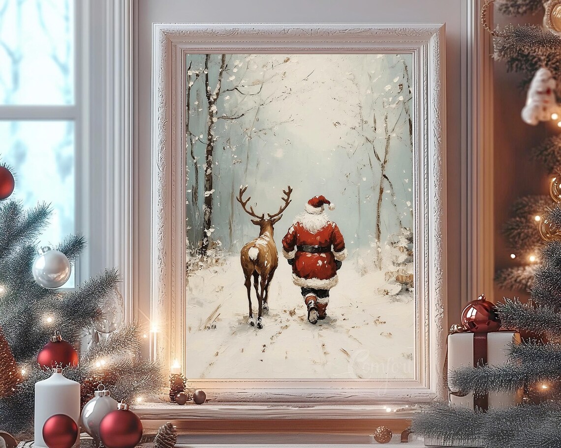 Antique Vintage Christmas Santa Claus Print Santa Claus Reindeer Wall Art Christmas Scene Neutral Print Holiday Winter Landscape - Image 7