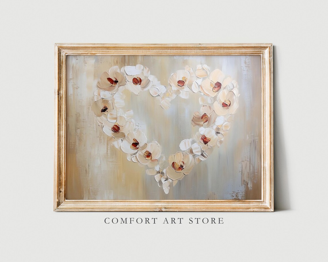 Valentines Floral Heart Wreath Neutral Beige Blossoms Impasto Wall Art