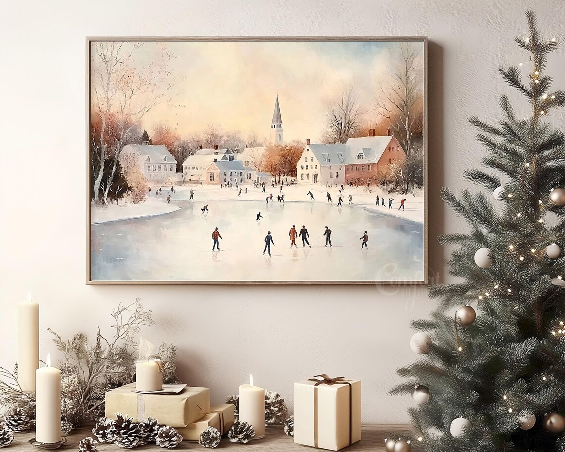 People Ice Skating on Village Pond in Vintage Winter Wall Art - Image 8