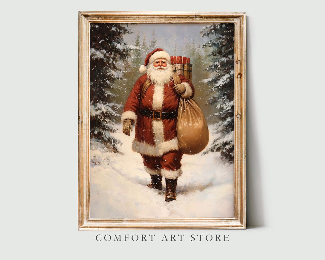 Vintage Santa Claus Walking Through a Snowy Forest with Gifts Poster