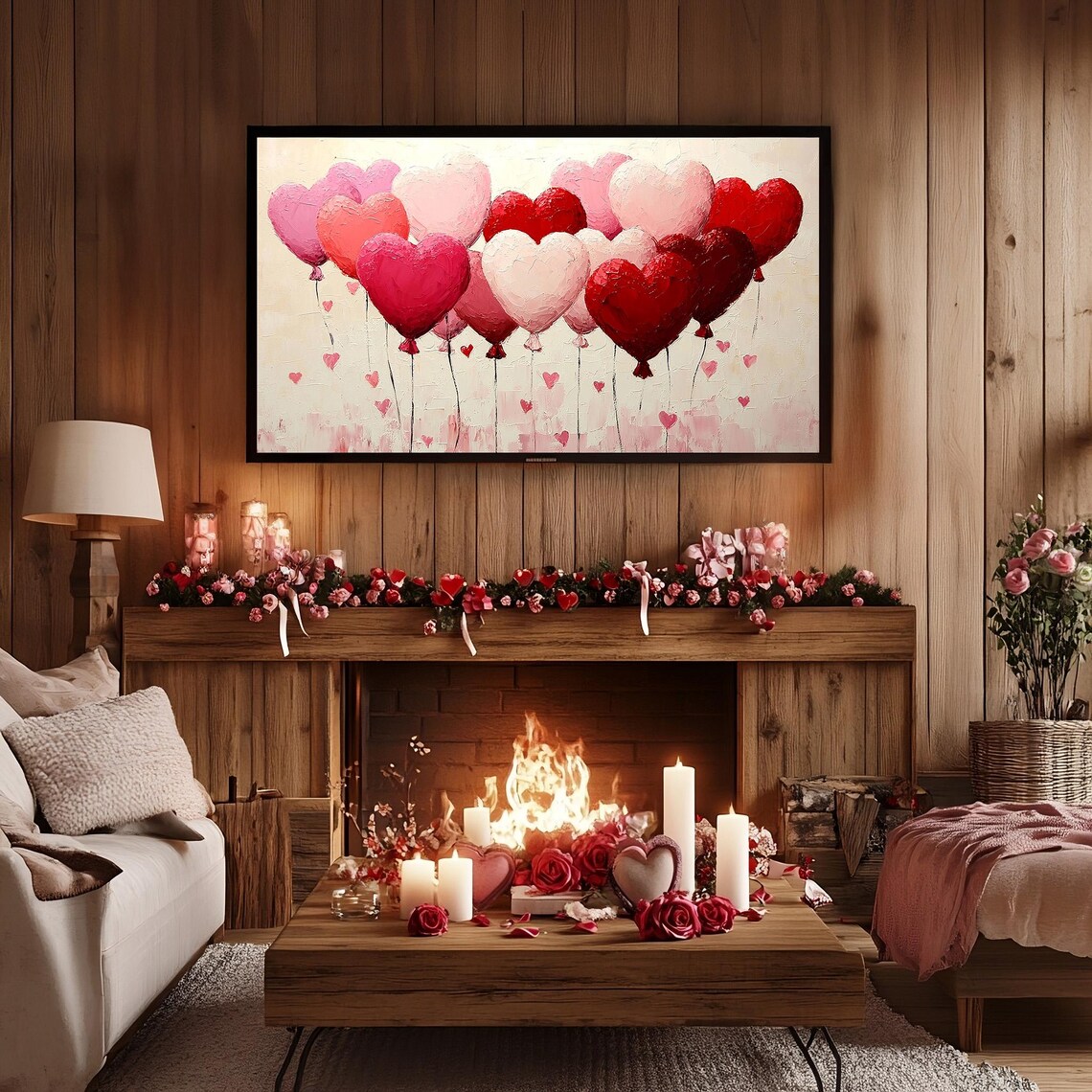 Red Pink Heart Balloons Oil Painting Frame TV Artwork Romantic Poster - Image 2