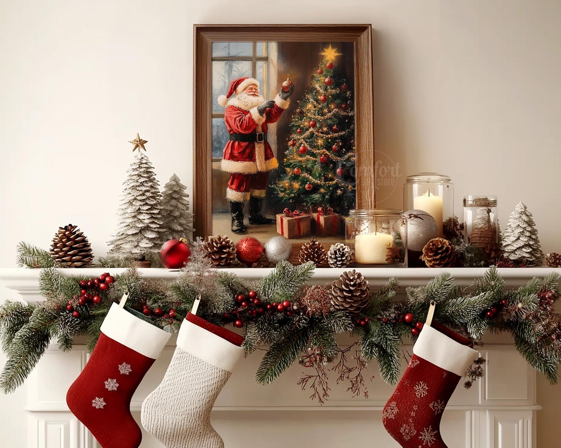 Santa Claus Decorating Christmas Tree by Snowy Window Scene Poster - Image 6