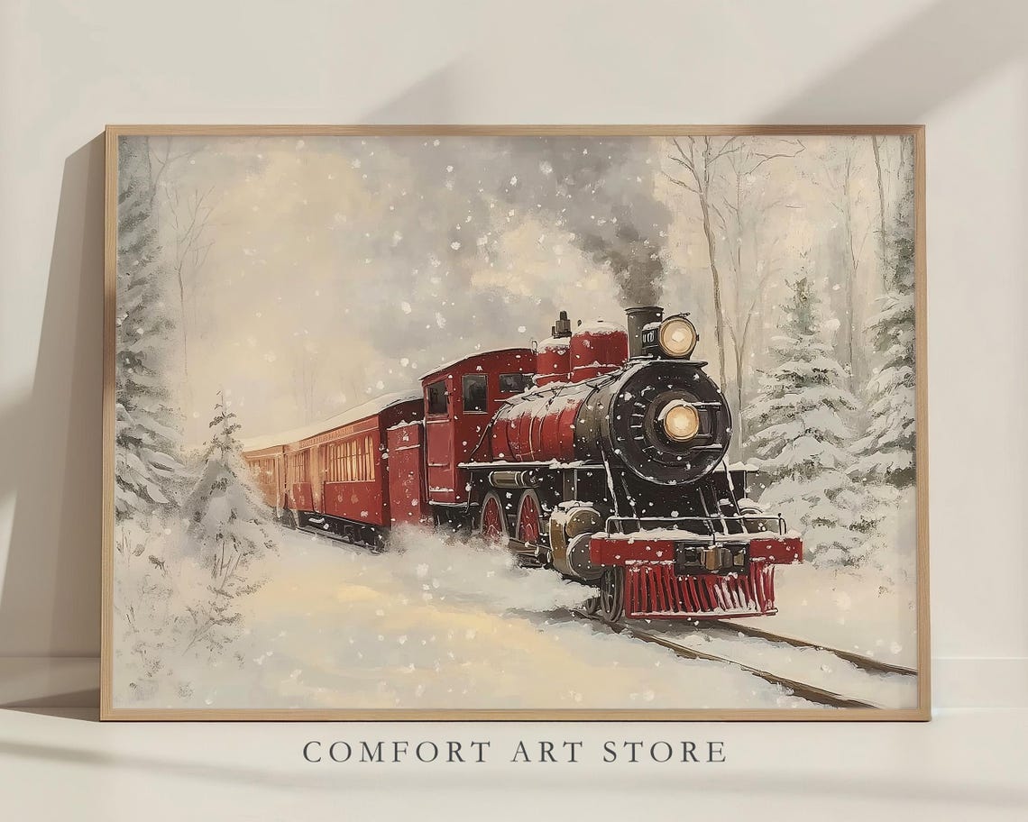 Red Passenger Train Rolling Through Winter Snowfall Wall Art - Image 8