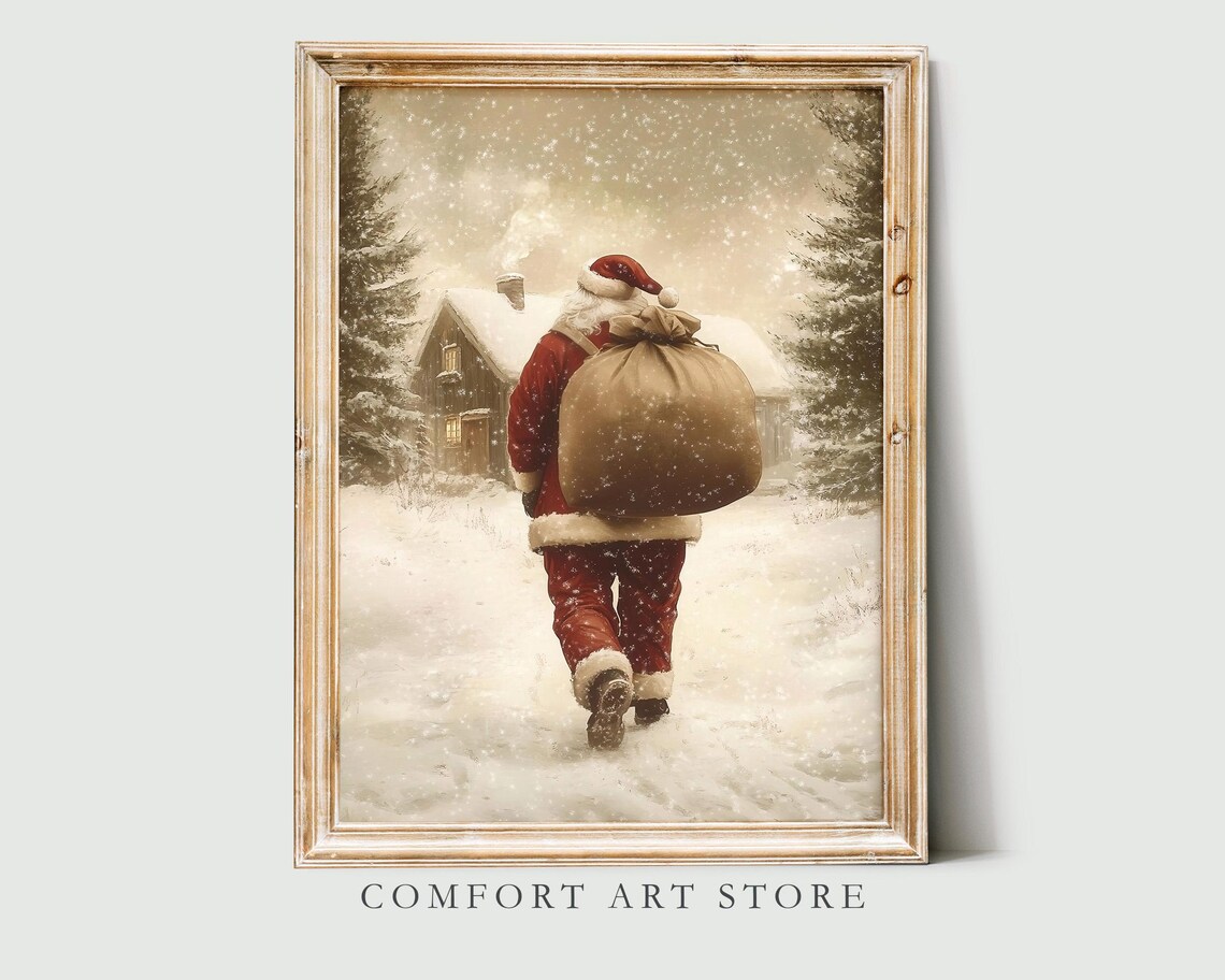 Santa Claus Print Vintage Christmas Wall Art Antique Santa Painting Winter Landscape Holiday Decor Christmas Gift Santa Wall Art