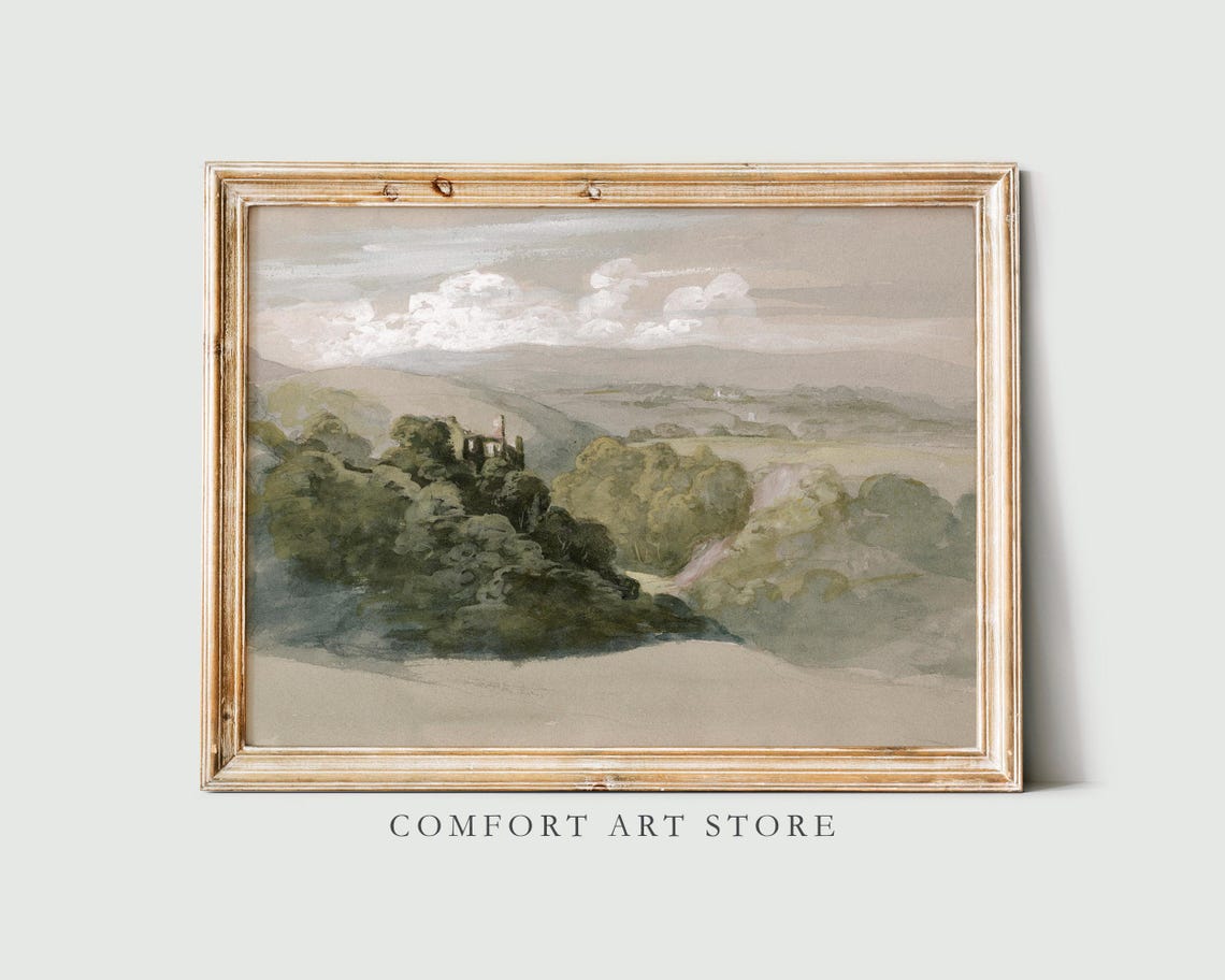 Vintage Muted Countryside Landscape Antique Rustic Neutral Wall Art