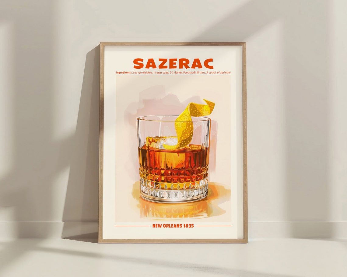 Sazerac Cocktail Recipe Retro Poster New Orleans Bar Cart Wall Art