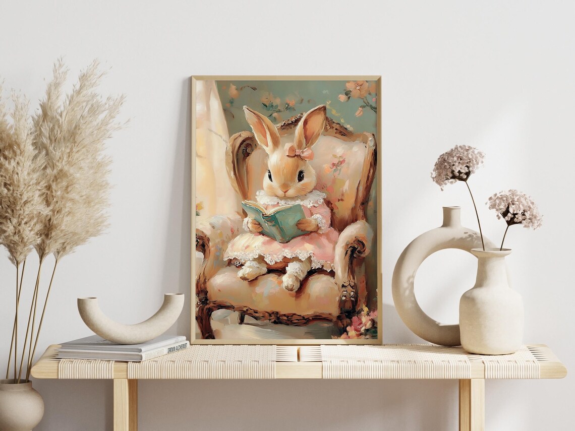Easter Bunny Reading Book Vintage Spring Poster Print