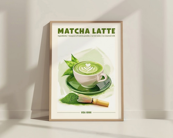 Retro Matcha Latte Coffee Print, Kitchen Cafe Decor
