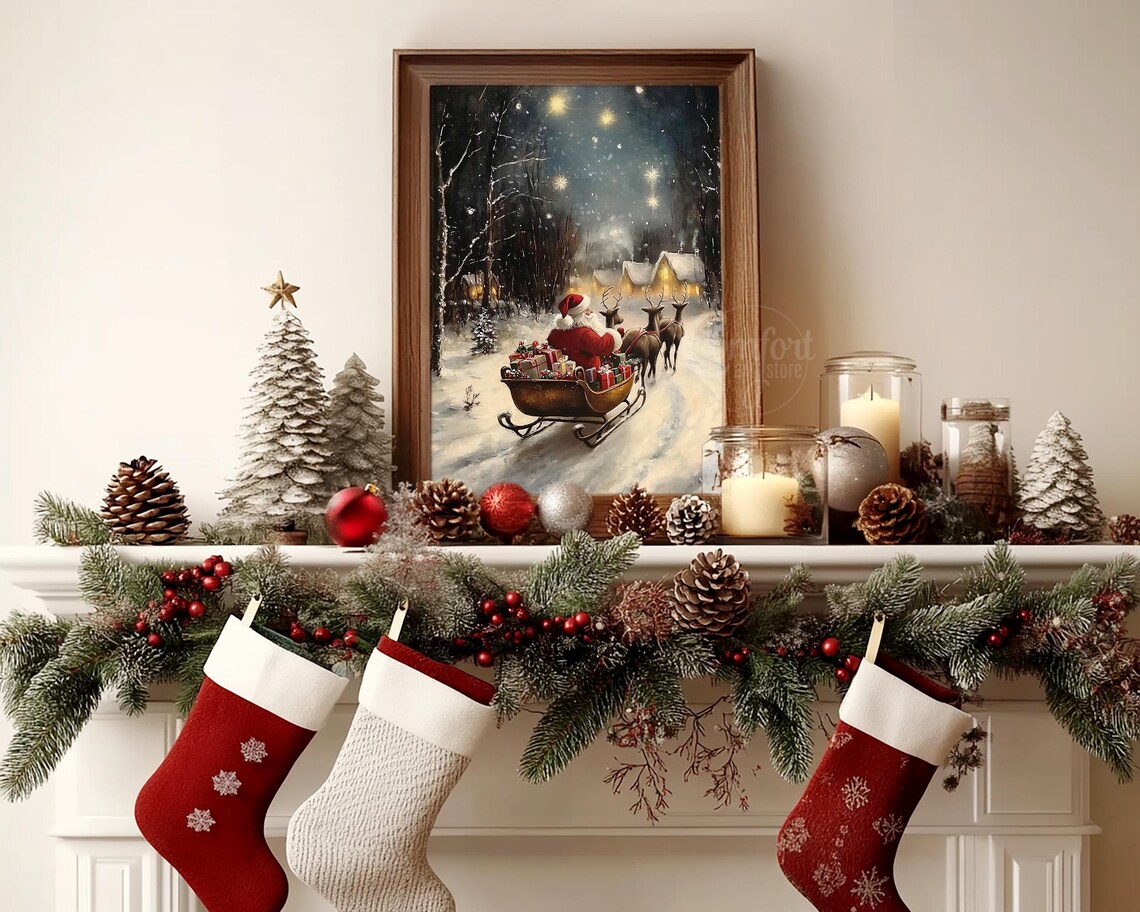 Santa Claus Sleigh Reindeer Snowy Village Starry Night Classic Poster - Image 2