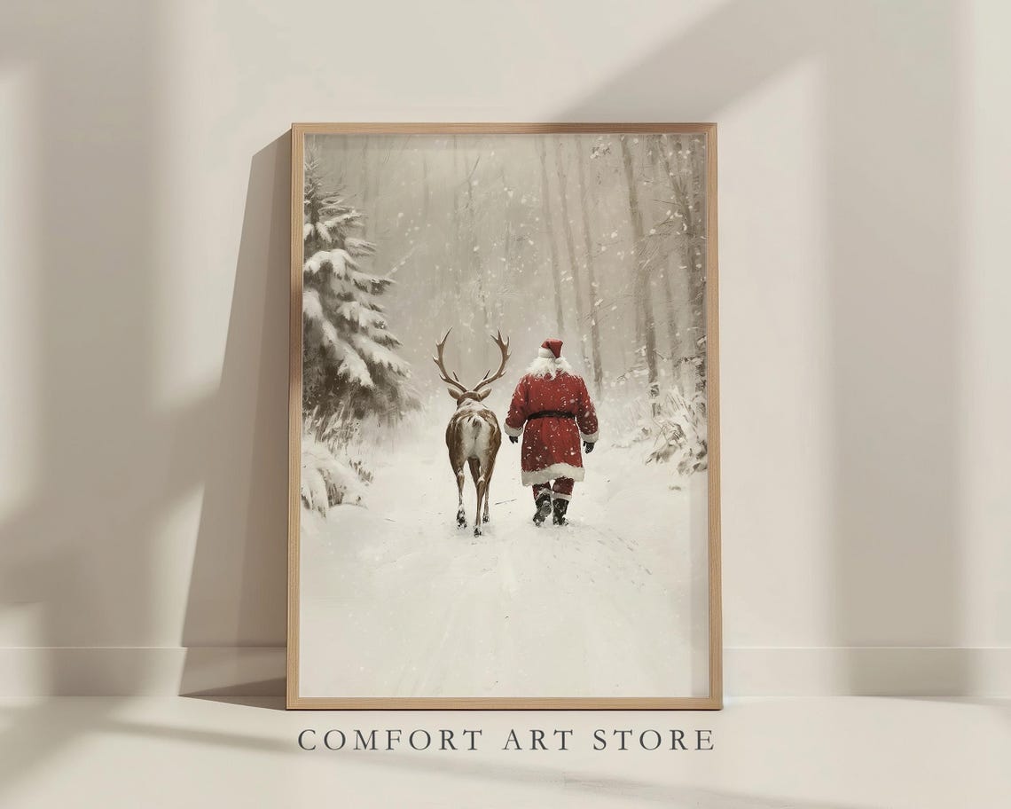 Santa Claus and Reindeer in a Sepia Toned Snowy Forest Poster - Image 2