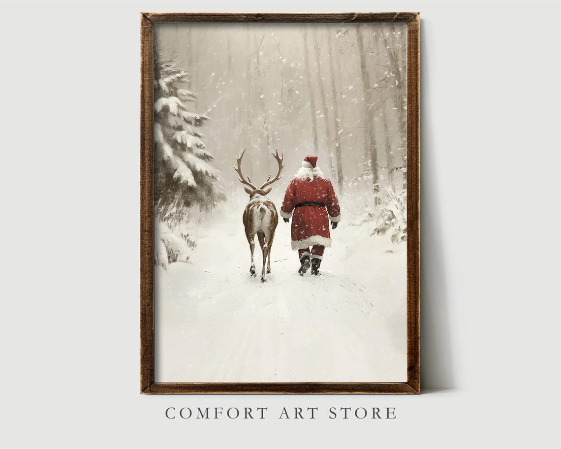Santa Claus and Reindeer in a Sepia Toned Snowy Forest Poster - Image 5