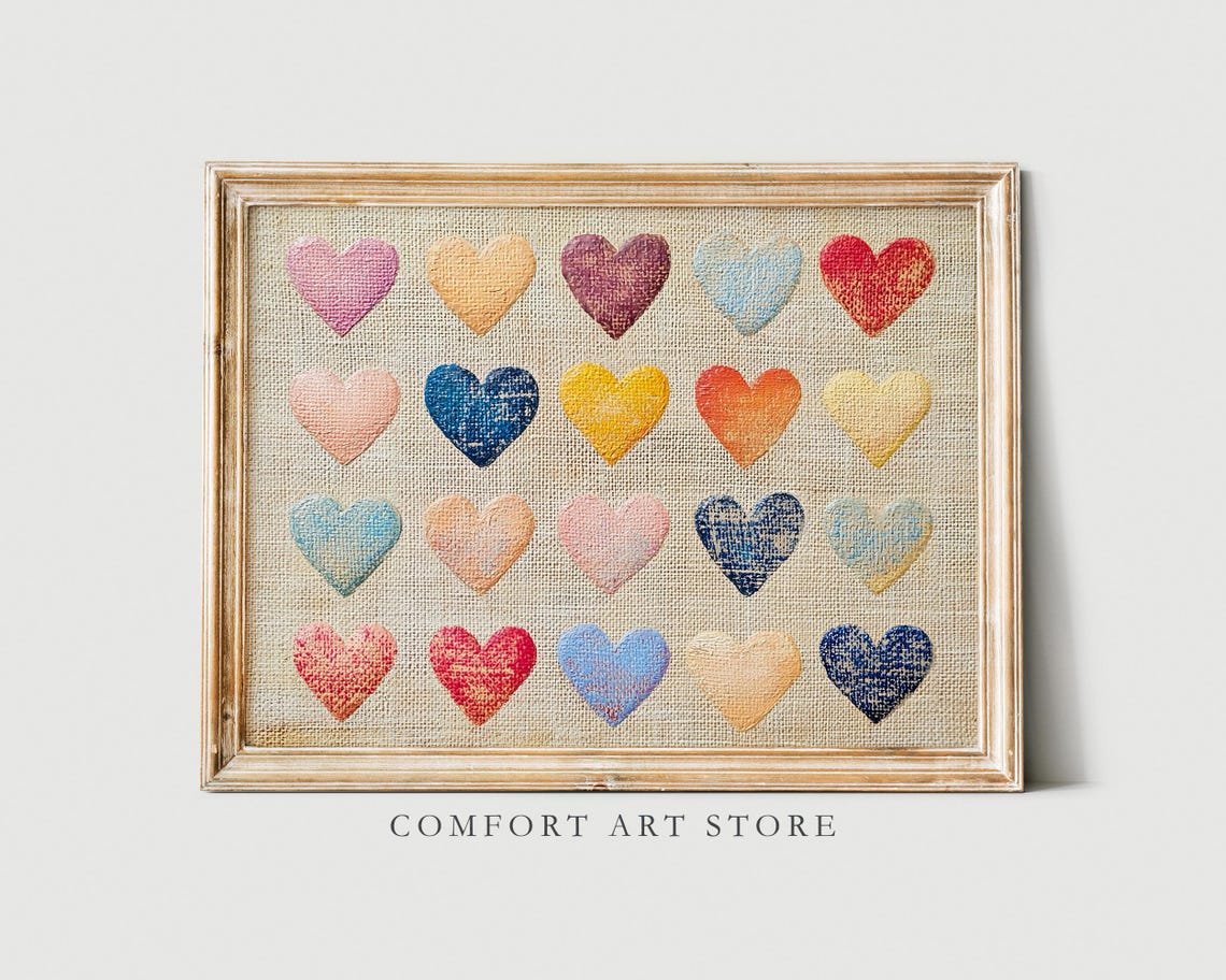 Valentines Stitched Fabric Hearts Grid Rustic Farmhouse Print - Image 5