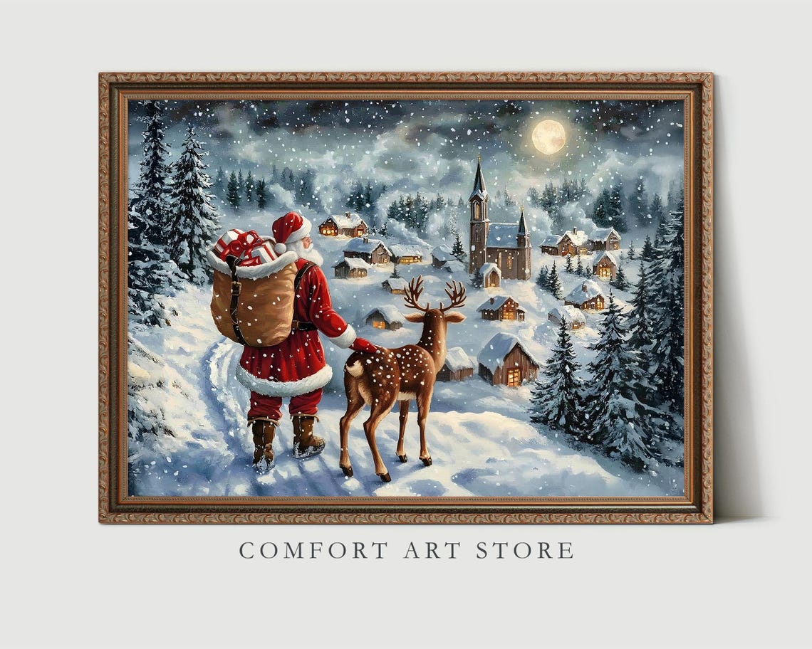Christmas Wall Art Santa Claus Reindeer Print Dark Academia Winter Village Scene Snowy Holiday Decor Vintage Christmas Painting - Image 8