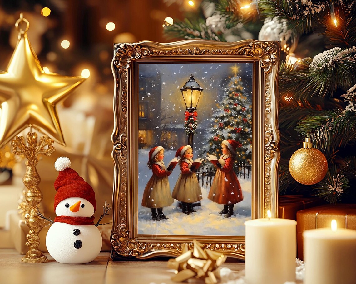 Little Girls Caroling Snowy Christmas Tree Vintage Oil Painting Poster - Image 6