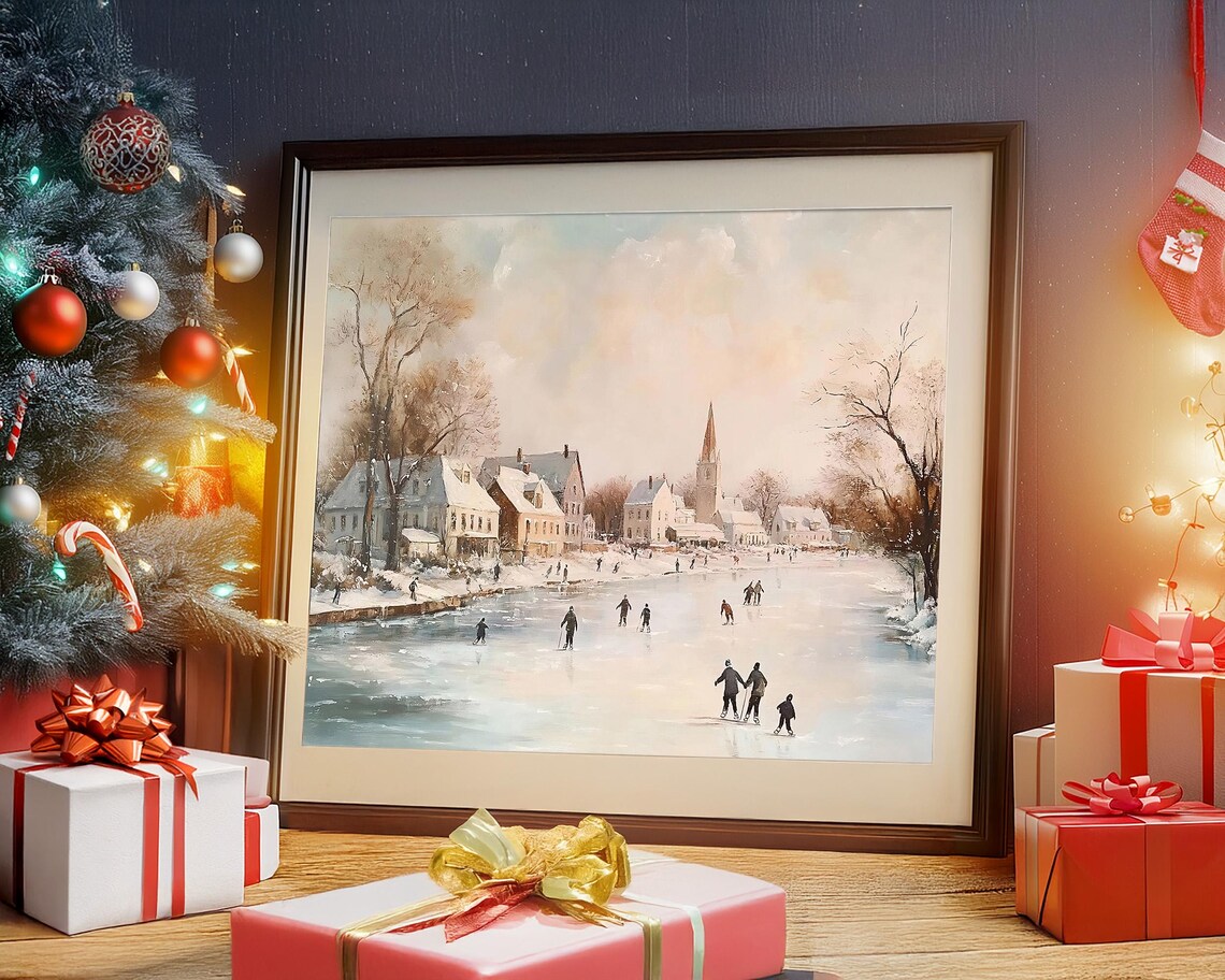 Village Ice Skating on Frozen Pond Winter Landscape Wall Art - Image 4