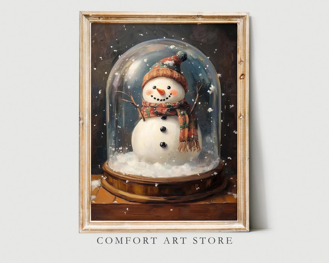 Cute Snowman Under Glass Dome with Knit Hat and Scarf Poster