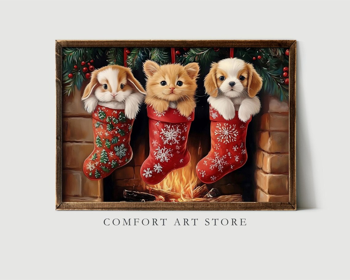 Bunny Kitten and Puppy Peeking from Christmas Stockings Art Poster - Image 2