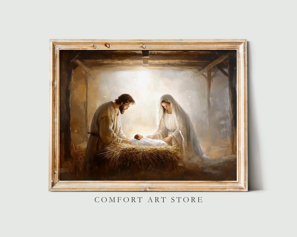 Mary and Joseph With Baby Jesus in the Manger Glowing Light Poster