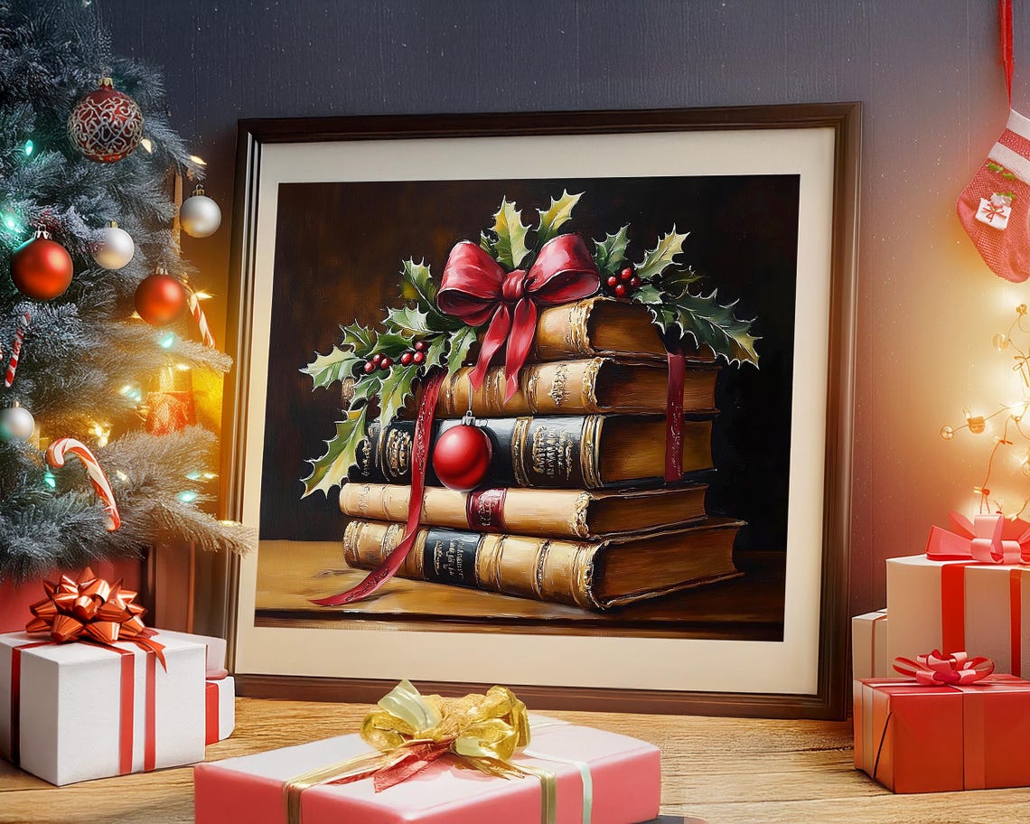Classic Antique Book Stack with Red Bow and Holly Christmas Poster - Image 2