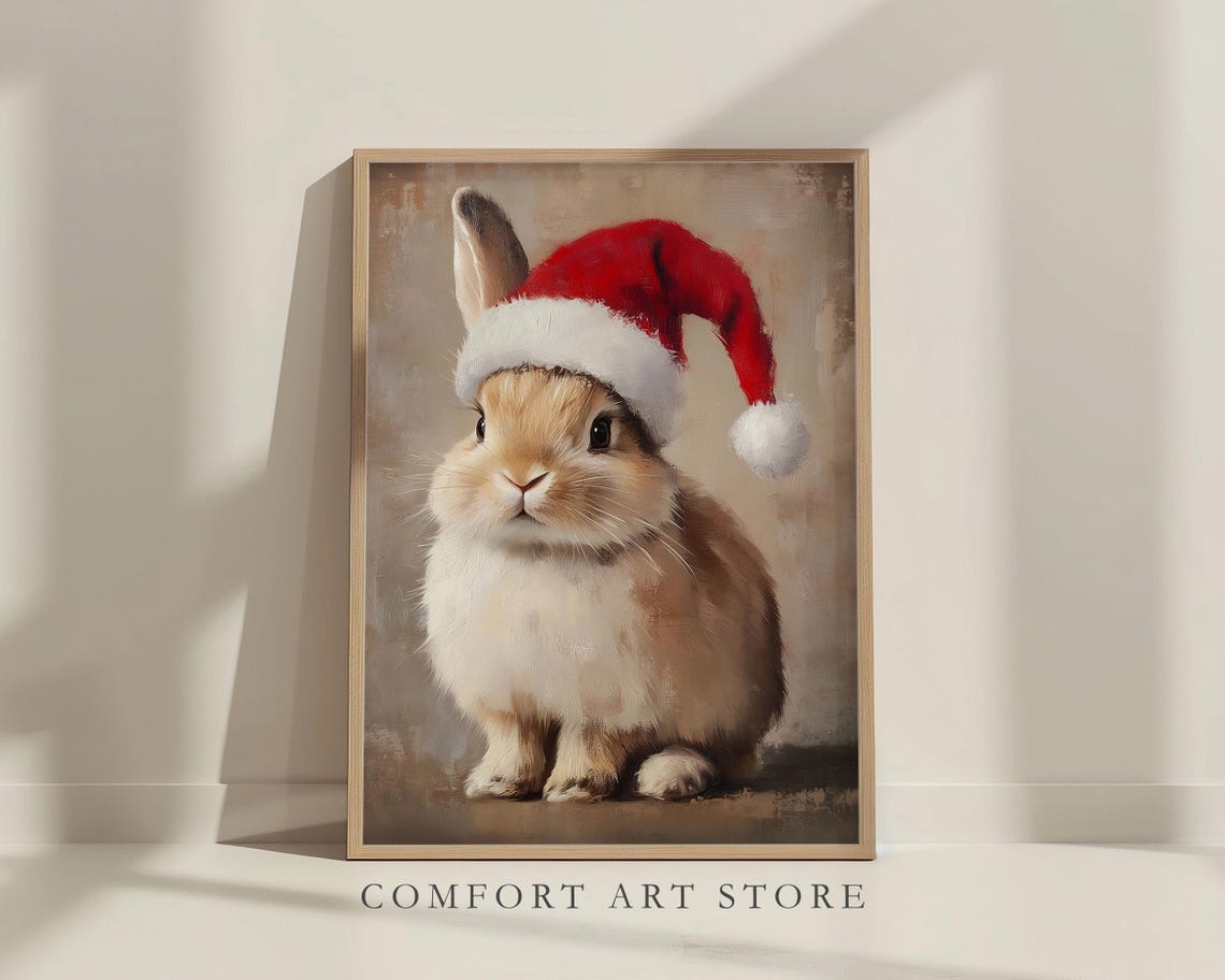 Adorable Bunny Wearing Santa Hat Christmas Portrait Art Poster - Image 7