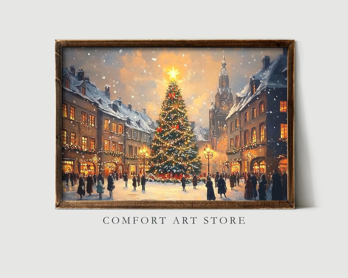 European Christmas Market Square with Lit Tree at Dusk Poster - Image 2