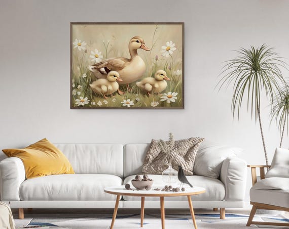 Easter Duck Print Cute Easter Ducklings Neutral Spring Wildflower Duck Nursery Easter Wall Art Easter Vintage Animal Rustic Decor