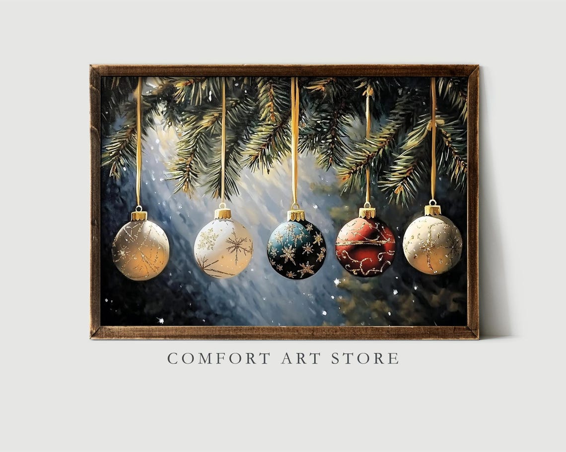 Five Christmas Ornaments Hanging on Snowy Pine Branches Poster - Image 7