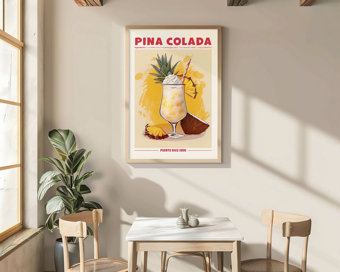 Pina Colada Cocktail Recipe Retro Poster Tropical Bar Cart Wall Art - Image 3