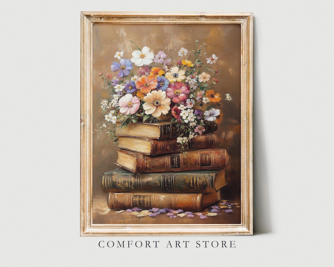 Easter Book Stack Print Floral Spring Wall Art Neutral Spring Flower Dark Academia Decor Spring Wildflower Moody Vintage Bouquet