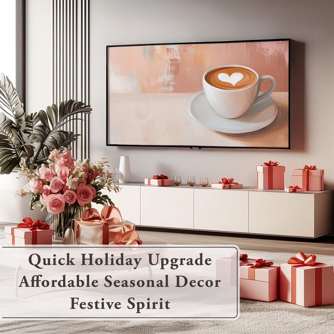 Valentines Latte Art Heart Coffee Cup Painting Cozy Frame TV Wall Art - Image 3