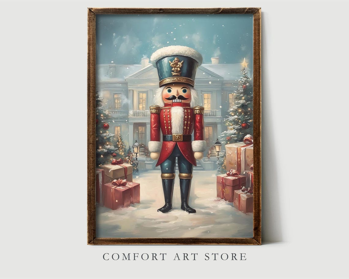Toy Nutcracker in Front of Snow Covered Manor Christmas Art Poster - Image 2