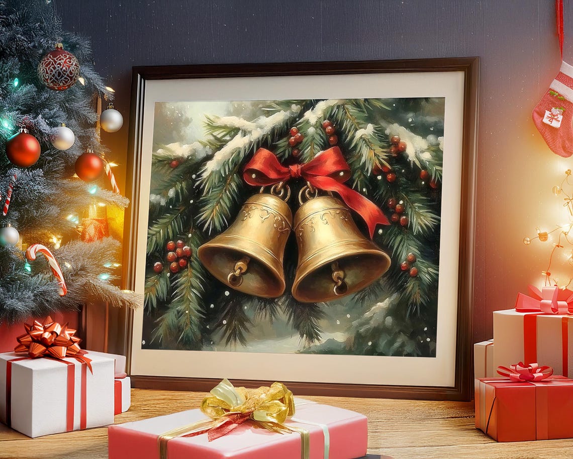 Vintage Christmas Wall Art Christmas Jingle Bells Print Winter Holiday Decor Antique Christmas Golden Bells Neutral Oil Painting Winter Pine - Image 5