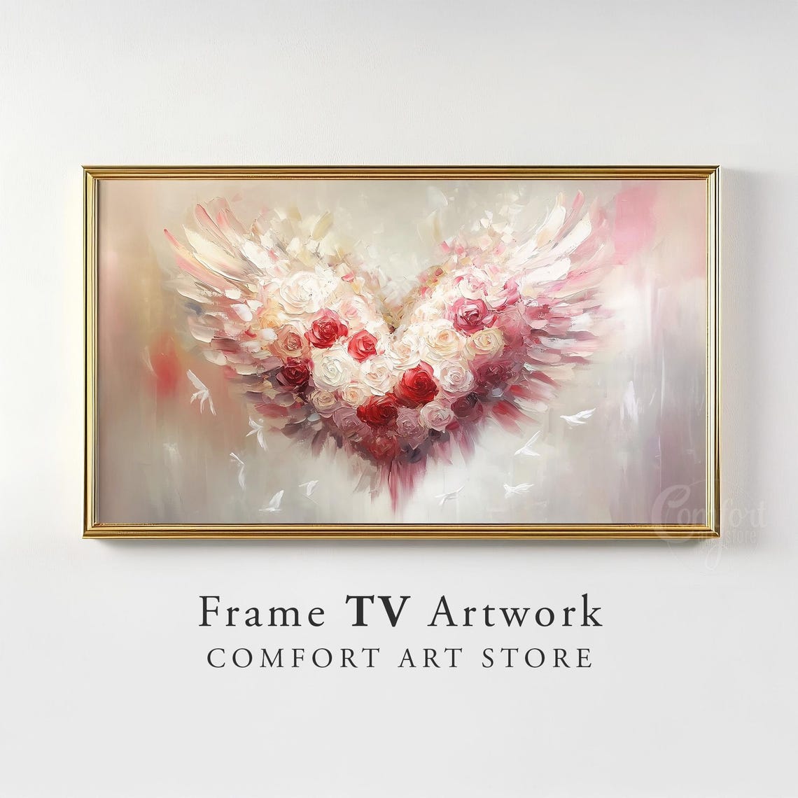 Valentines Rose Heart With Wings Painting Rustic Frame TV Wall Art - Image 2