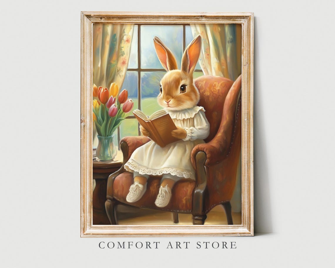 Easter Bunny Print Cute Easter Bunny Reading Book Easter Rabbit Easter Vintage Spring Cottagecore Nursery Decor Farmhouse Wall Art - Image 4