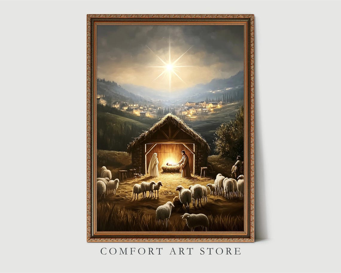 Nativity Scene with Shepherds Sheep and Bethlehem Star Poster - Image 3