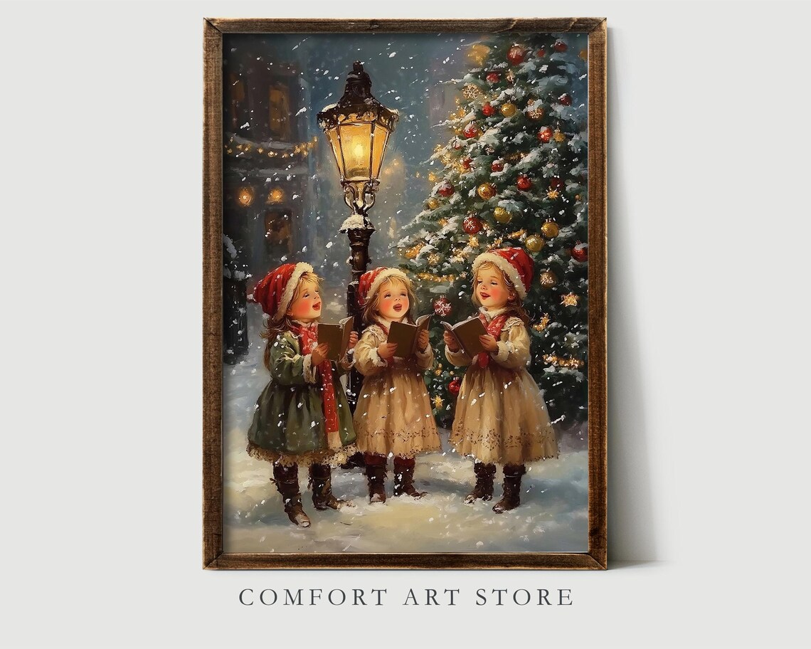 Children Caroling Street Lamp Christmas Tree Vintage Storybook Poster - Image 2