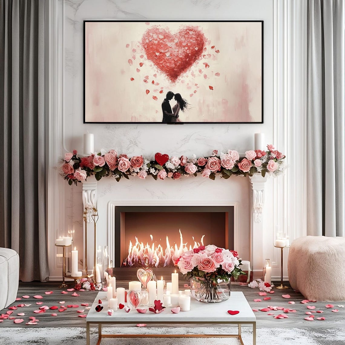 Lovers Embracing Under Heart Balloon Romantic Valentines Art Poster - Image 2