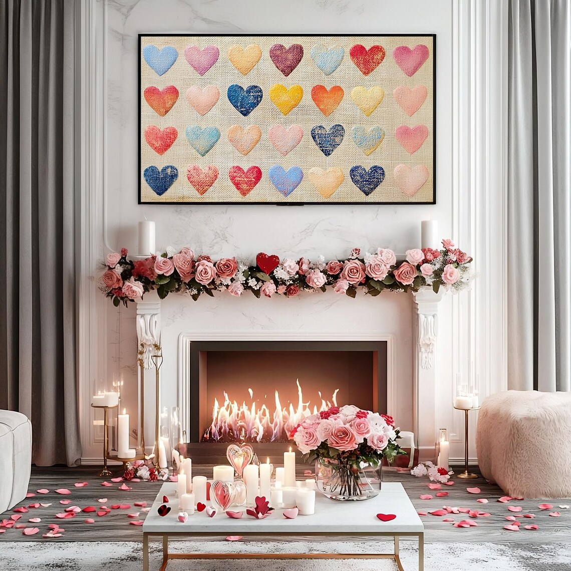 Colorful Fabric Hearts Grid Rustic Linen Frame TV Art Valentine Poster - Image 3