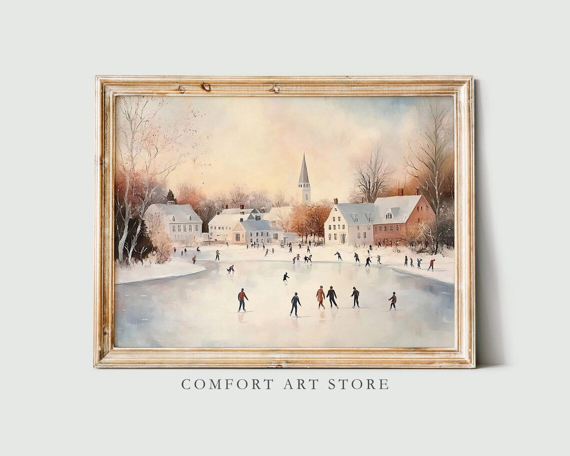 People Ice Skating on Village Pond in Vintage Winter Wall Art