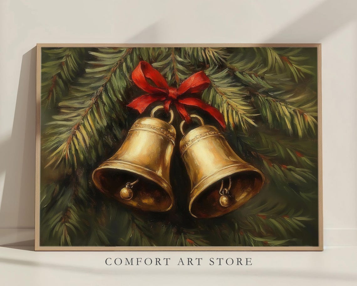 Vintage Christmas Wall Art Christmas Jingle Bells Print Winter Holiday Decor Antique Christmas Golden Bells Neutral Oil Painting Winter Pine - Image 8