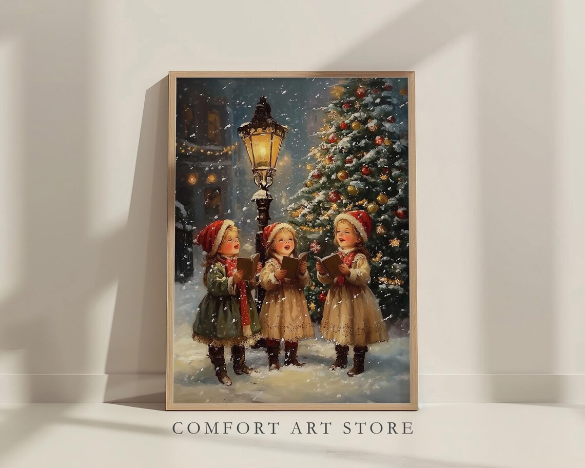 Children Caroling Street Lamp Christmas Tree Vintage Storybook Poster - Image 5