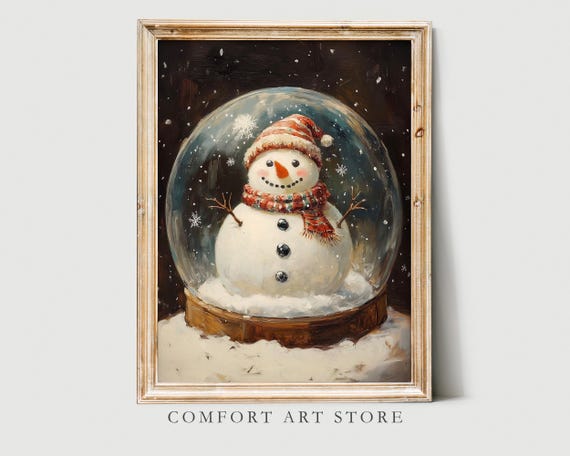 Antique Vintage Christmas Snowman Print Cute Snowman Snowglobe Wall Art Snow Globe Wall Art Christmas Oil Painting Snowglobe Decor